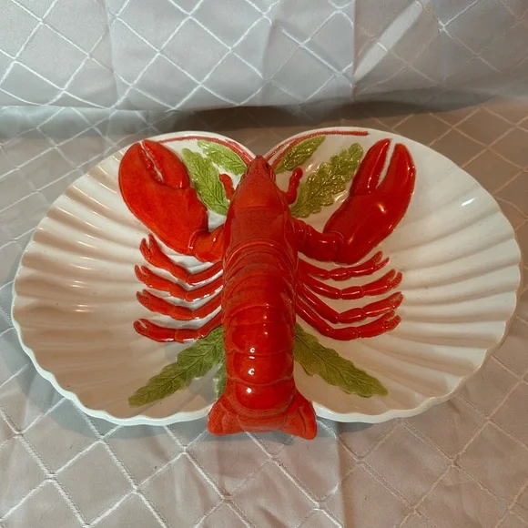 Large Vintage Red Lobster Majolica Style Pottery Shell Dish - Picture 2 of 9